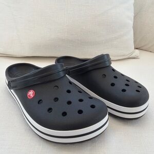 CROCS Kids Black Clogs with White Stripe and Red Logo